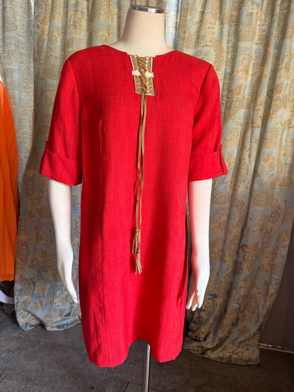 Red Shift Tunic Dress with Tassel Detail